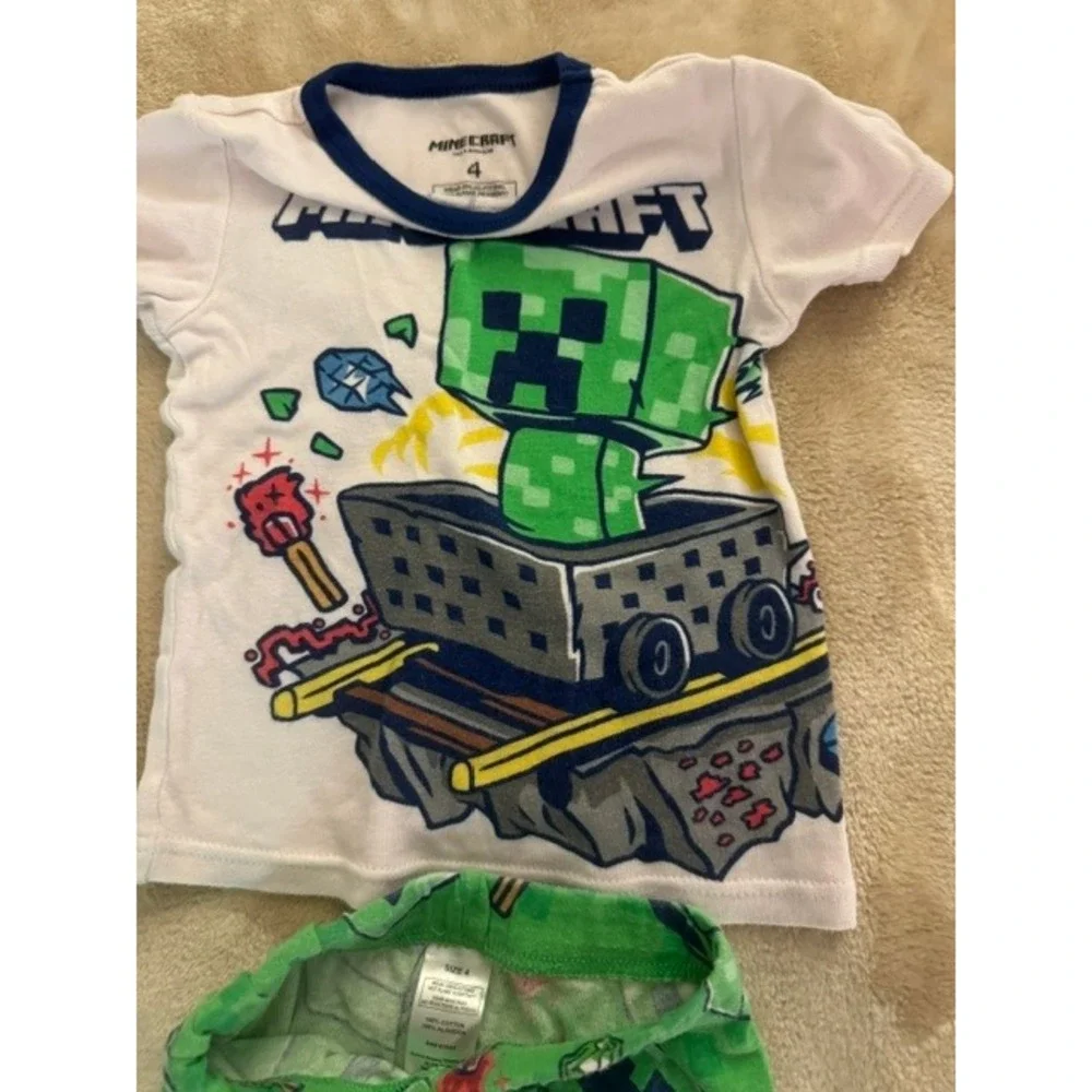 Minecraft Boys Creeper Pajama Set White Green SZ 4 Short Sleeve Long Pants (E)